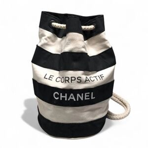 CHANEL Logo Print Shoulder Bag Drawstring Bag Canvas Used Authentic